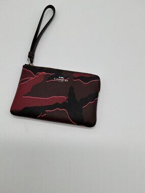 Coach Camo Print Leather Zip Corner Pouch Maroon and Black